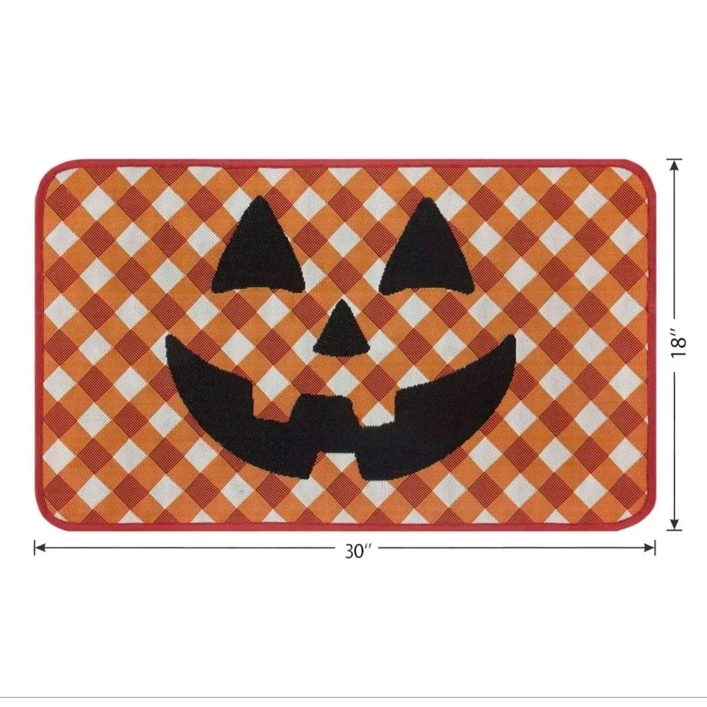 Halloween NWT Orange Plaid Jack-o'-Lantern Washable Kitchen Rug, 18X30